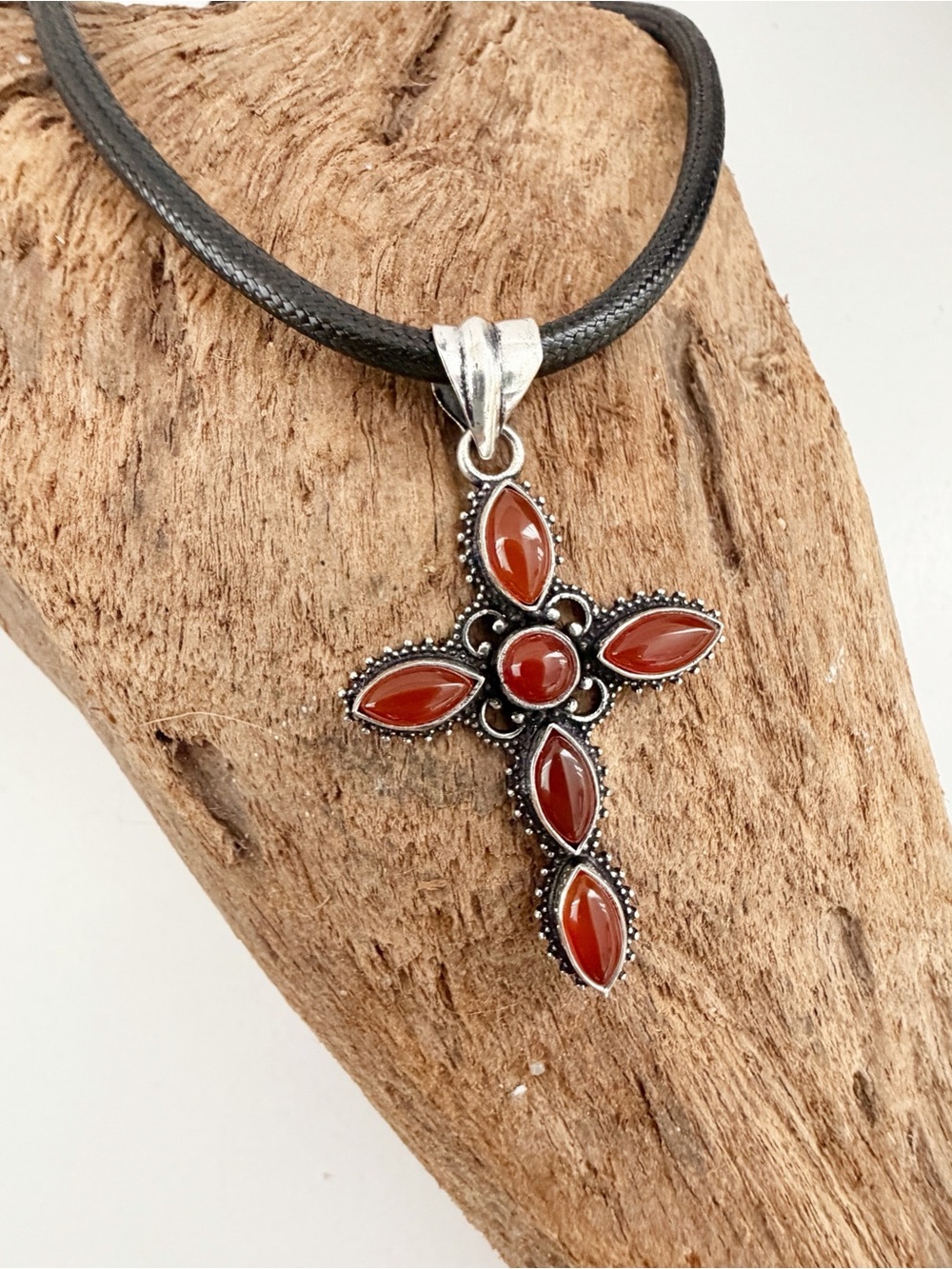 925 Sterling Silver Carnelian Cross Necklace Womens Jewelry cord Boho Western
